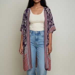 Purple Floral Boho Kimono Cardigan Duster Size M